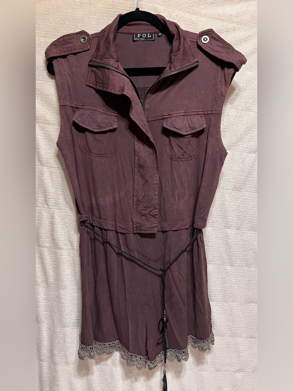 POL Dusty Mauve Utility Romper Leather Tassel Belt Lace Trim Zip Front Boho S